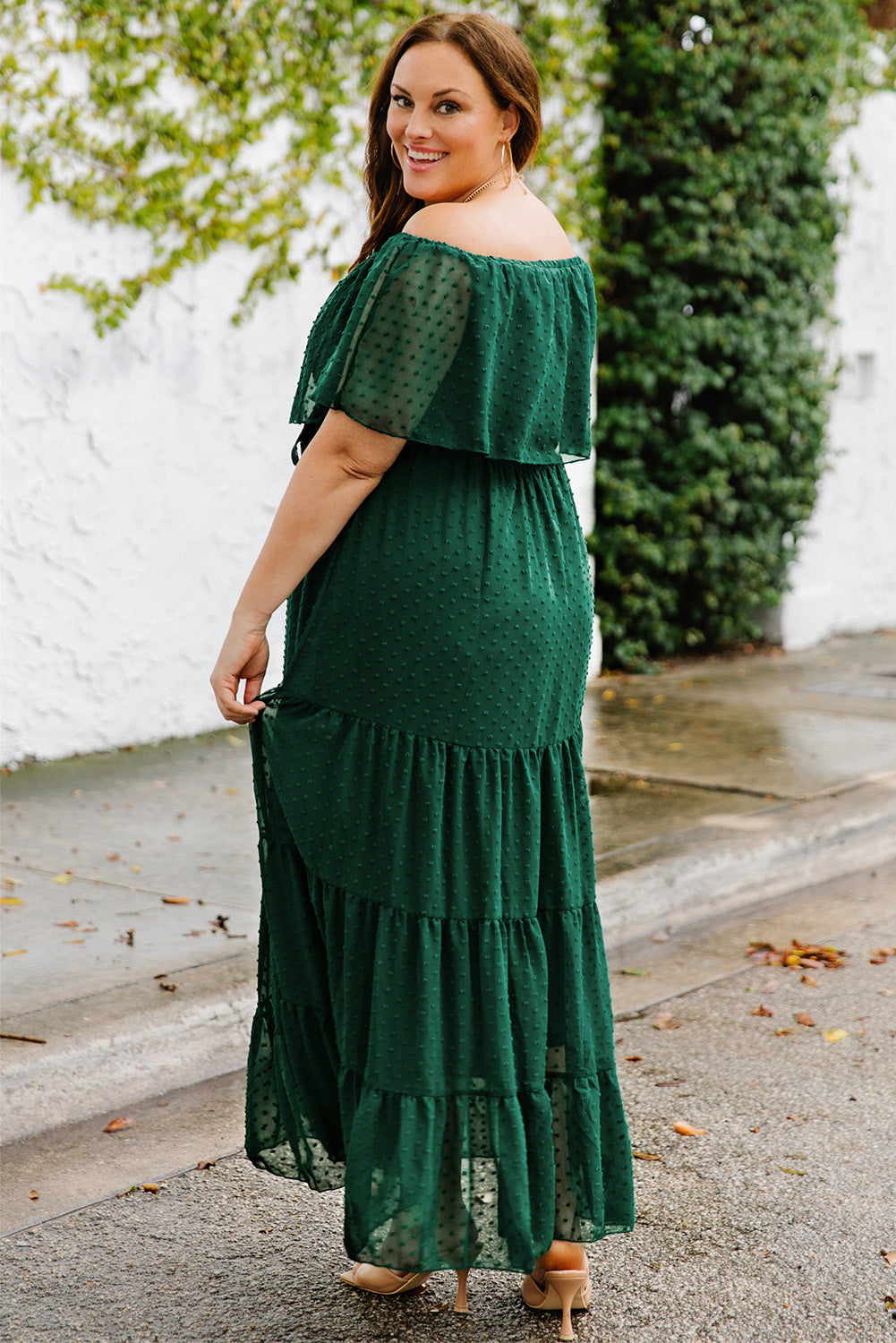Swiss Dot Off-Shoulder Summer Maxi Dress in Hunter Green or Wedding White - Plus Size