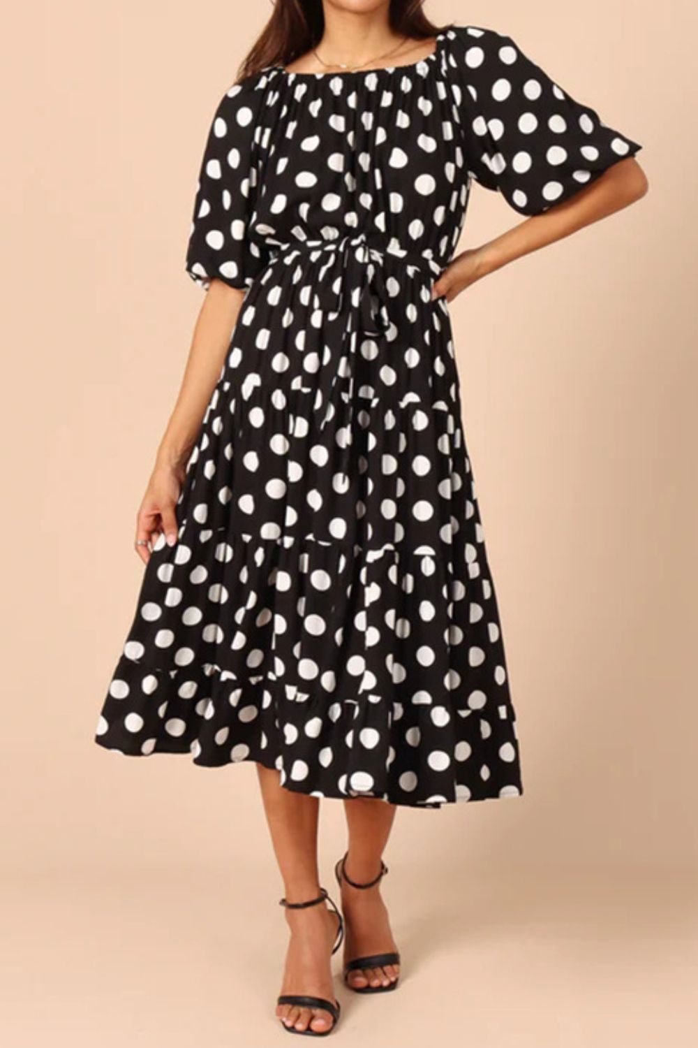 Demi Polka Dot Tie Waist Midi Dress in Elegant Black