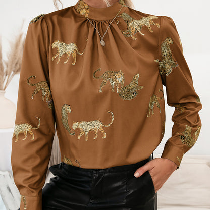 Call of the Wild Leopard Graphic Mock Neck Puff Sleeve Blouse