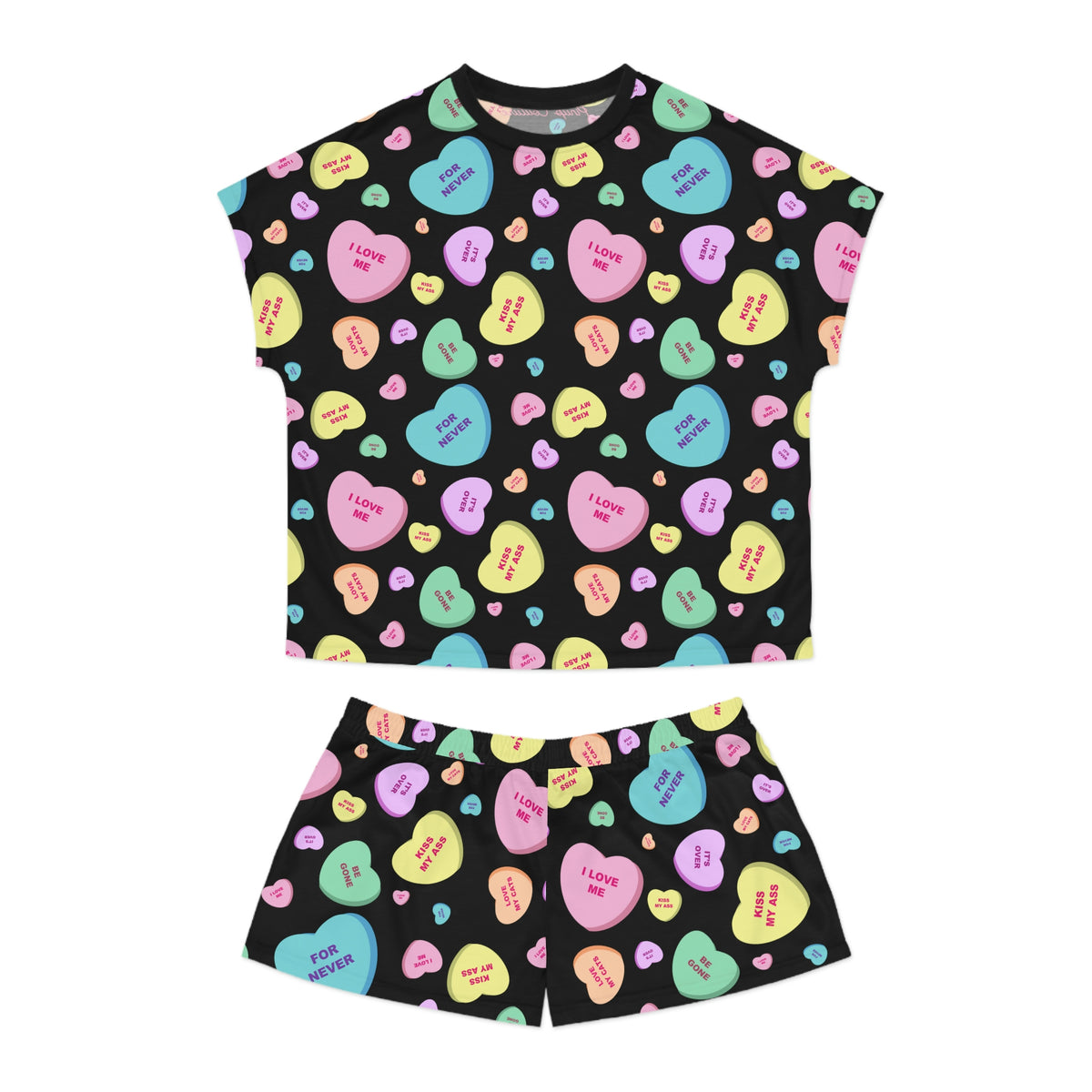 TGIF Sleepover PJs in Black Bitter Candy Hearts Tee & Pajama Shorts-Set