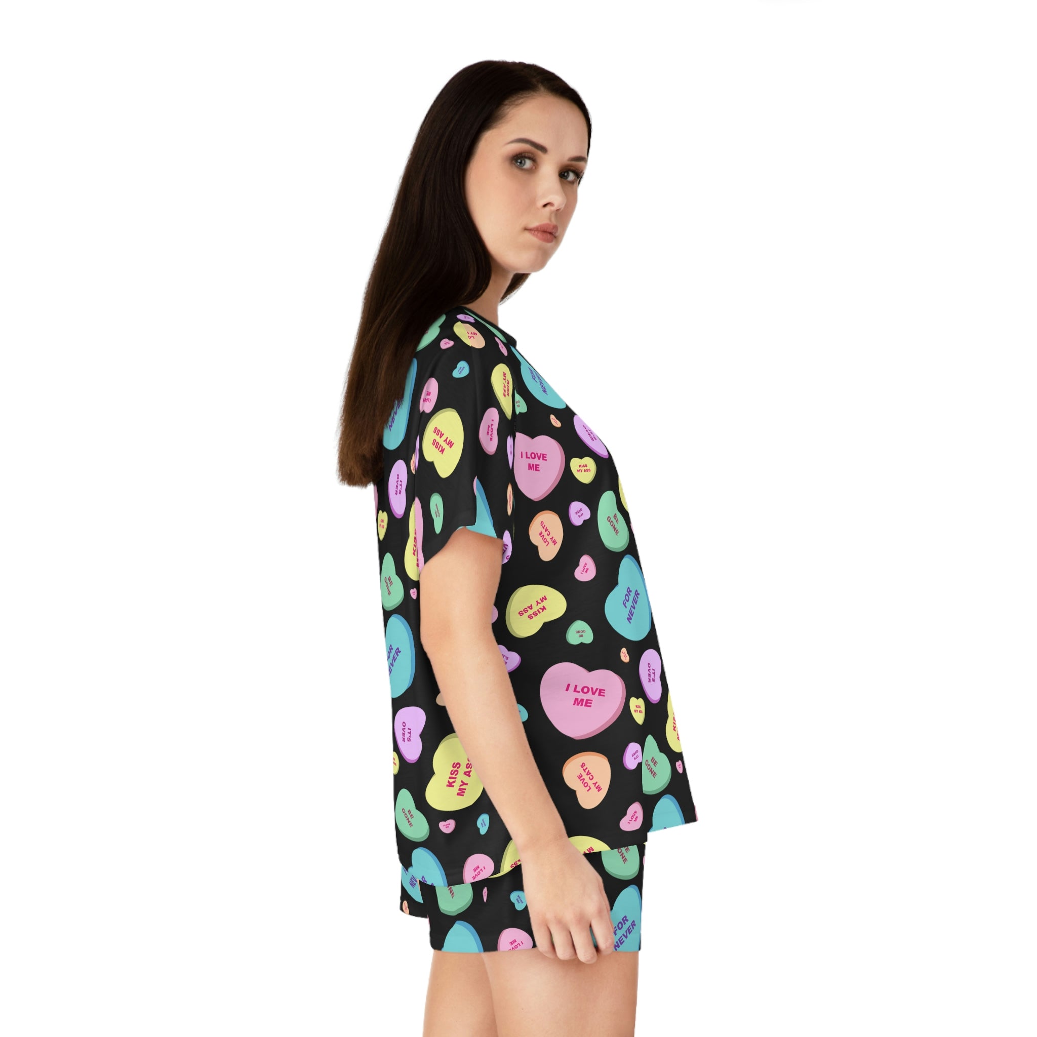 TGIF Sleepover PJs in Black Bitter Candy Hearts Tee & Pajama Shorts-Set