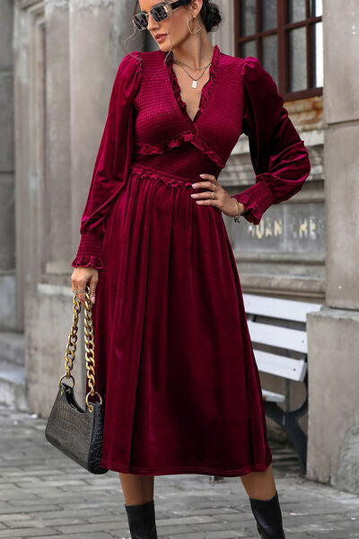 Blair Smocked Lantern Sleeve Midi Dress in Deep Rose