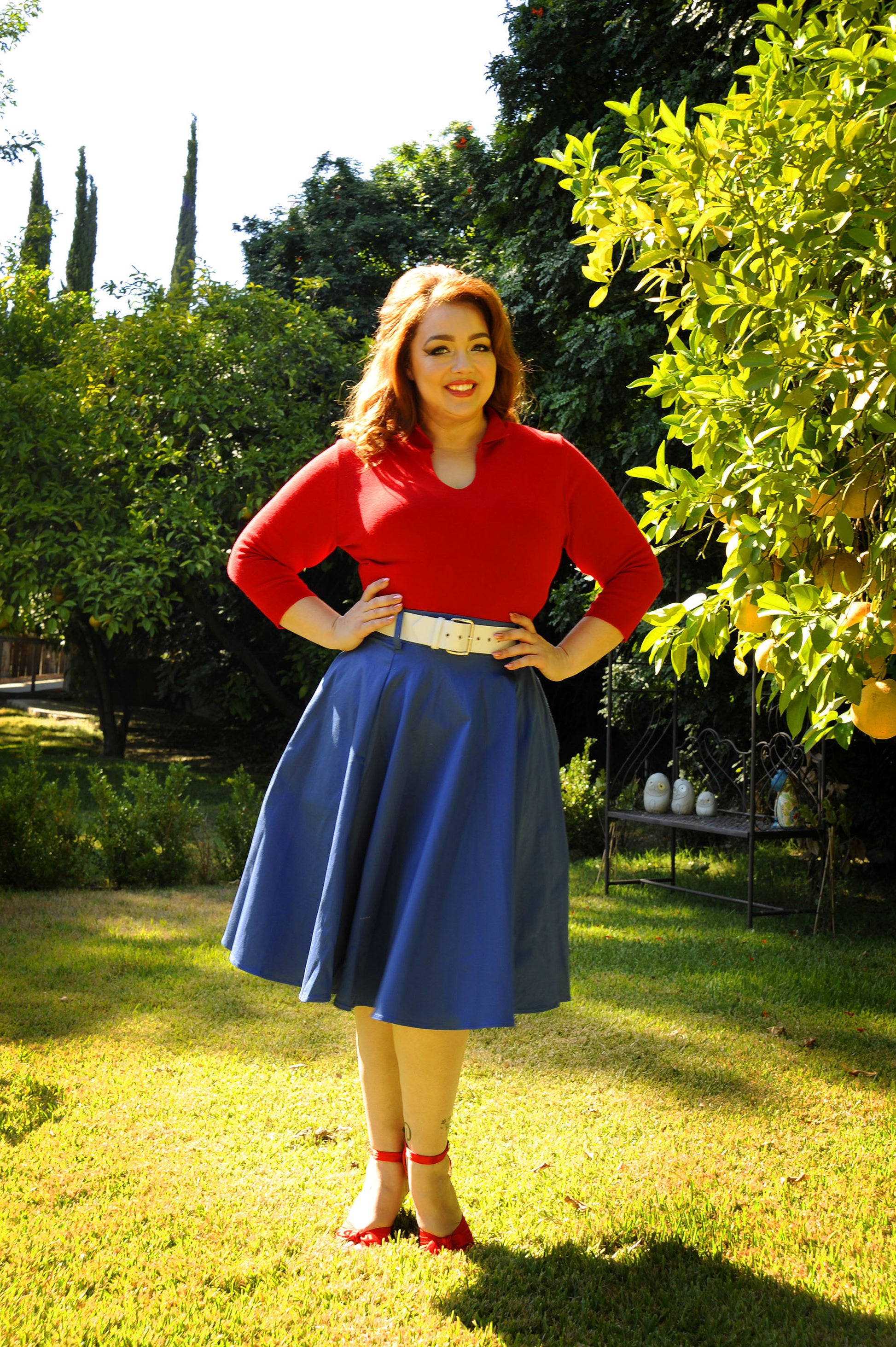 Doris Vintage Swing Skirt in Blue with Pockets