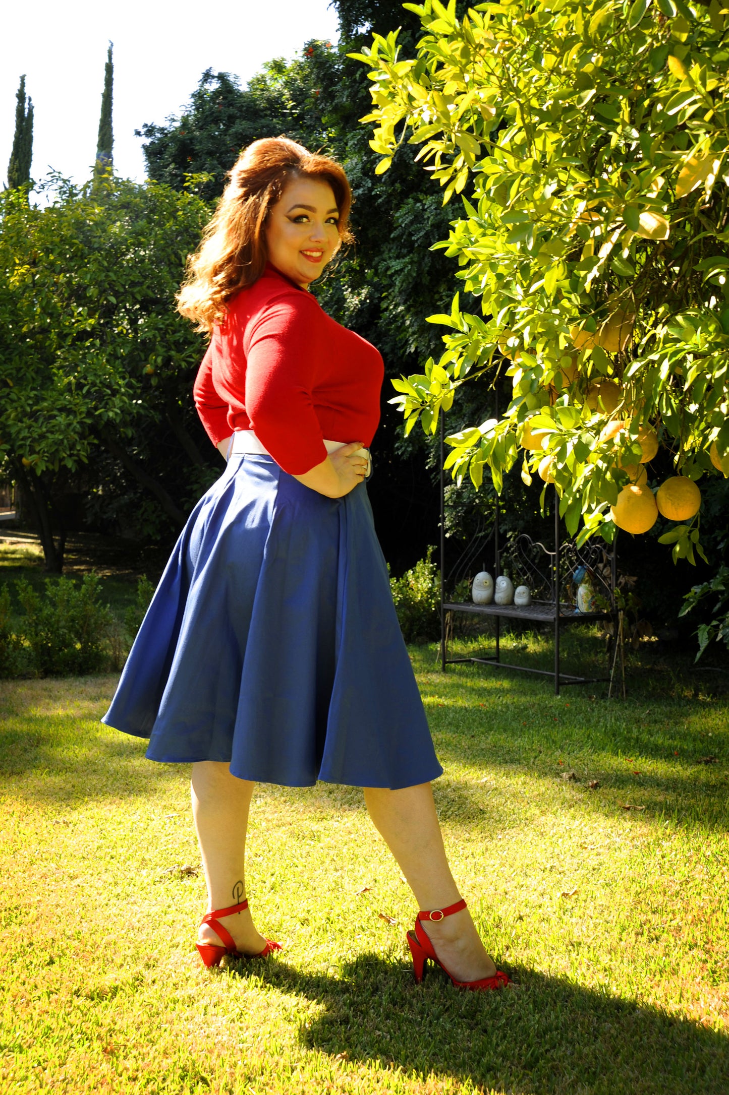 Doris Vintage Swing Skirt in Blue with Pockets back view
