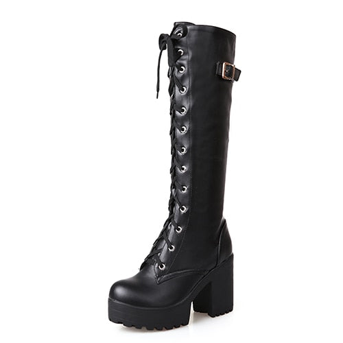 Gothic Glamour - Hollow Hills Knee High Vegan Leather Lace Up Platform Boots