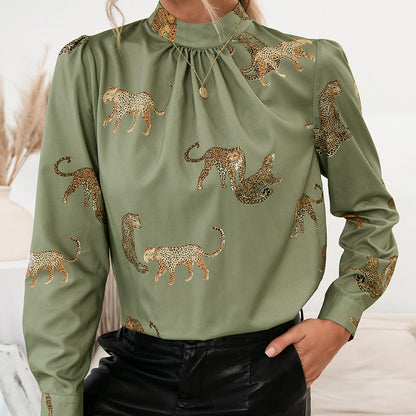 Call of the Wild Leopard Graphic Mock Neck Puff Sleeve Blouse