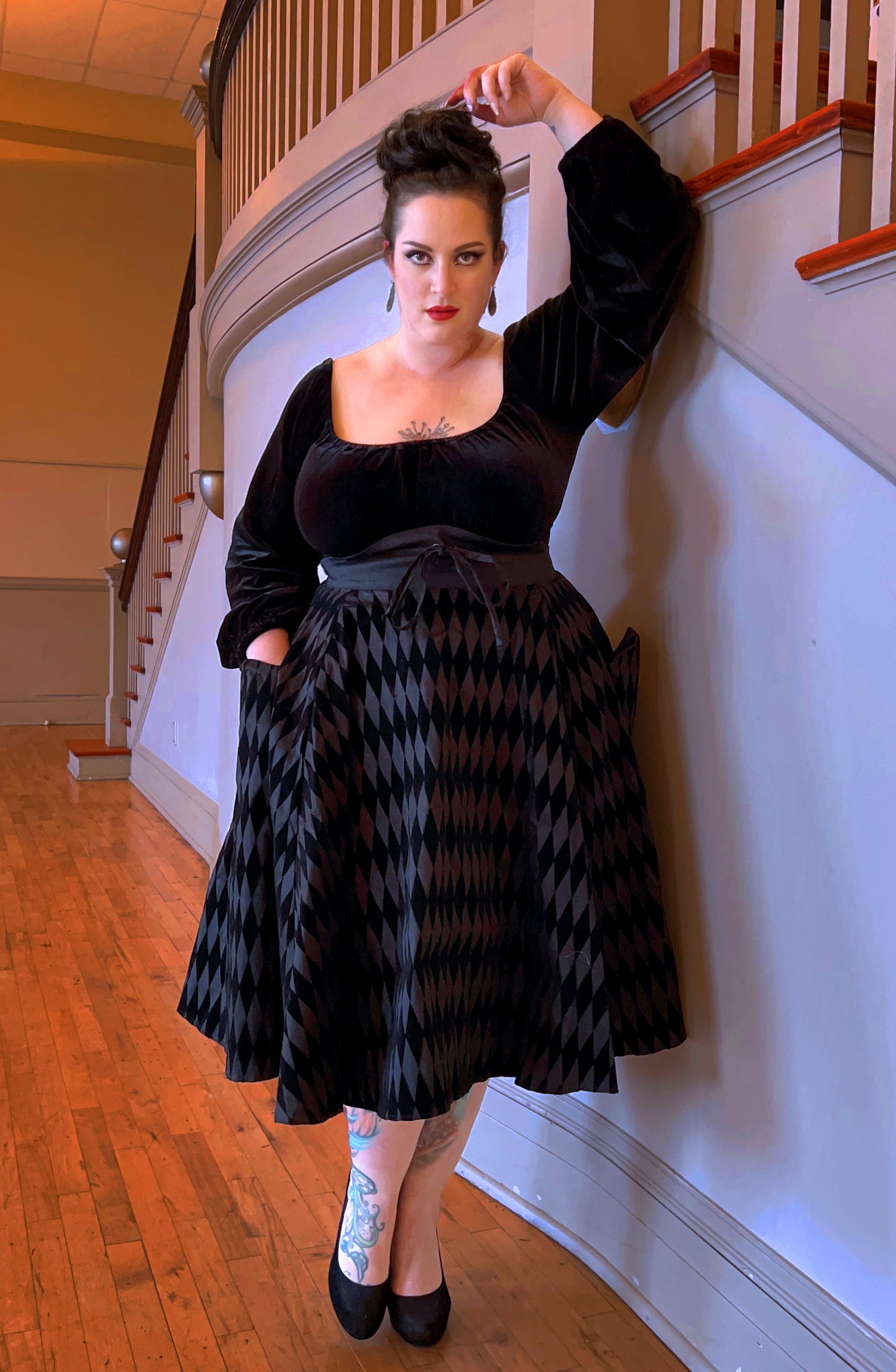Vintage Inspired Corset Skirt in Black Flocked Harlequin Print | Laura Byrnes Design