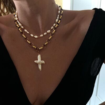 Santi Cross Pendant Necklace in Pearl and Brass