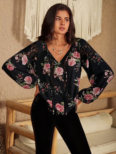 Eloise Flower Printed Tie Neck Long Sleeve Blouse in Attractive Black