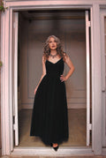 Amalie Ballerina daytime maxi gown in solid black, fitted ballerina bodice with spaghetti straps and a full gathered floor-length skirt