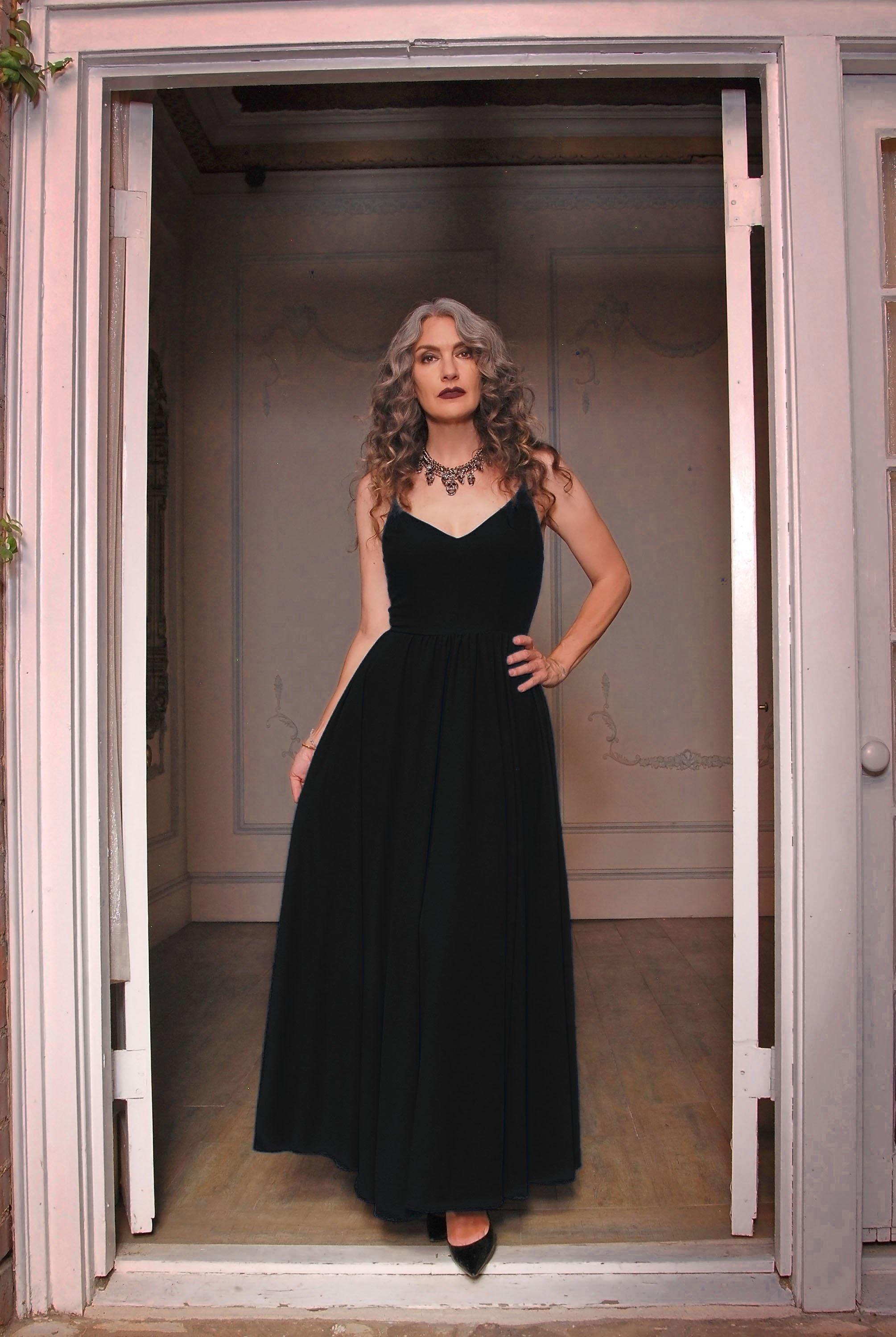 Amalie Ballerina daytime maxi gown in solid black, fitted ballerina bodice with spaghetti straps and a full gathered floor-length skirt
