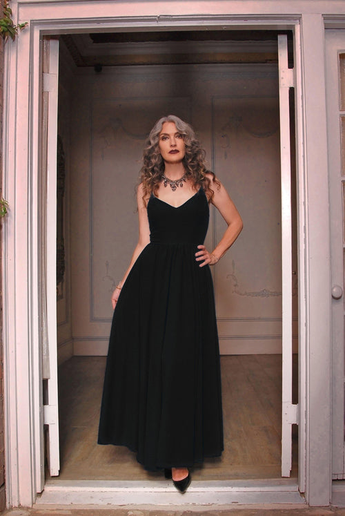 Amalie Ballerina daytime maxi gown in solid black, fitted ballerina bodice with spaghetti straps and a full gathered floor-length skirt