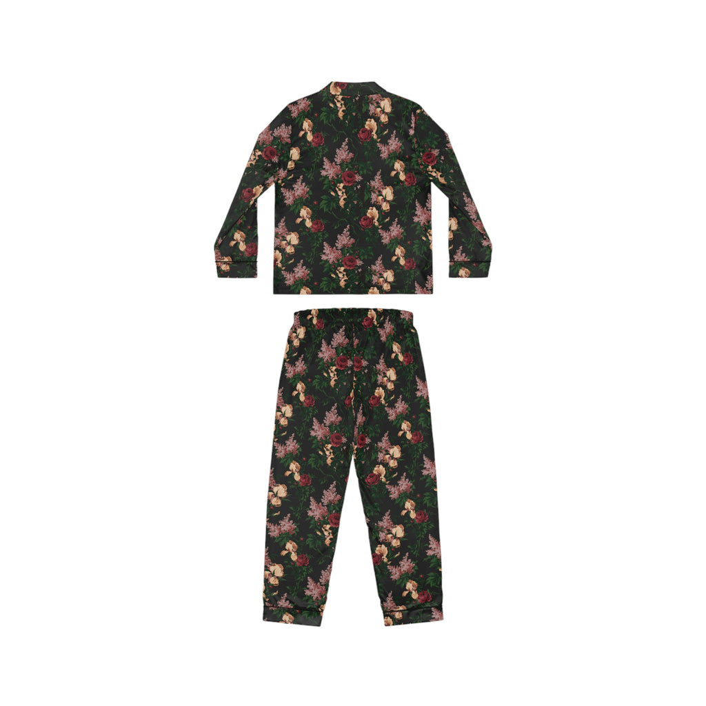 Pajama Game in Dark Bella Roses Satin 2 Piece Button Up PJ Set