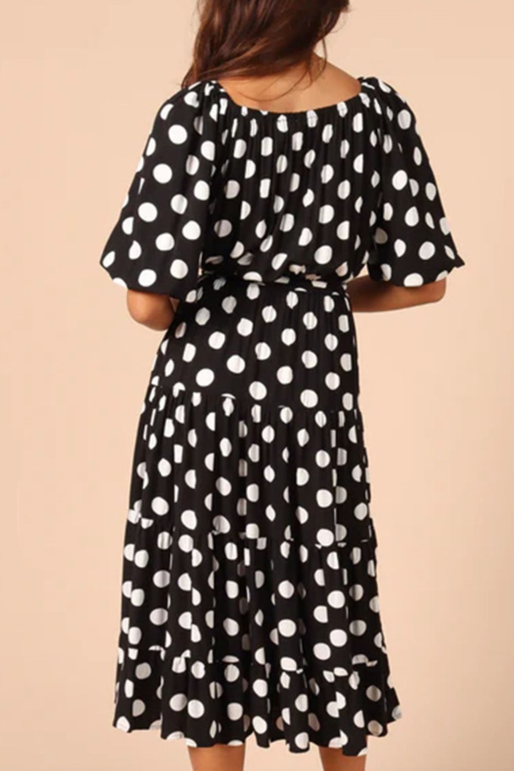 Demi Polka Dot Tie Waist Midi Dress in Elegant Black