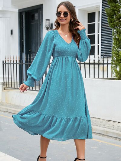 Zoe Swiss Dot V-Neck Smocked Lantern Sleeve Ruffle Hem Dress | 4 Colors