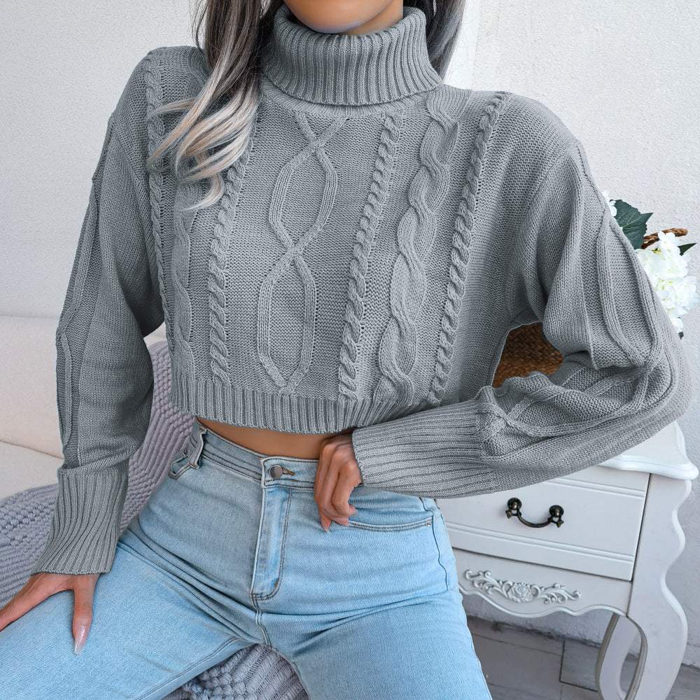 Mixed Knit Cropped Turtleneck in Blue, White, or Grey