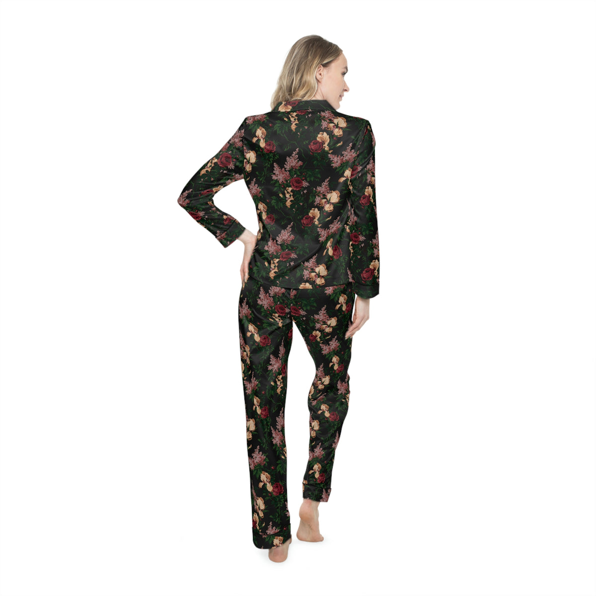 Pajama Game in Dark Bella Roses Satin 2 Piece Button Up PJ Set