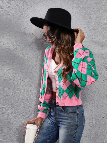 Argyle Print Button Up Long Sleeve Cropped Cardigan | 4 Colors