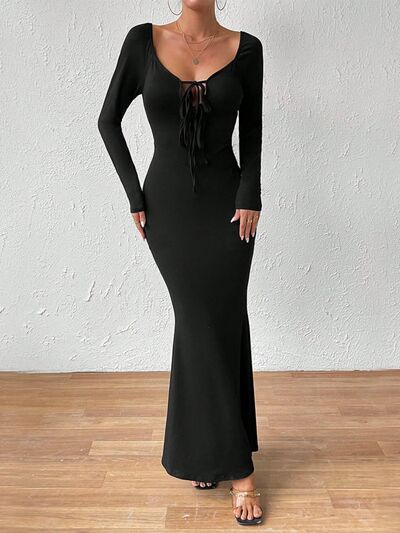 Gothic Glamour - Tie Front Scoop Neck Backless Wiggle Maxi Dress in Solid Black | Poundton