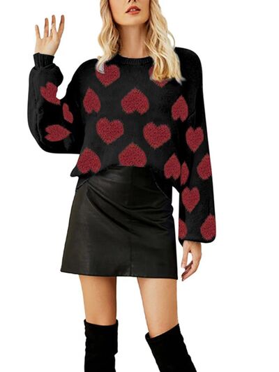 Heart Round Neck Dropped Shoulder Sweater