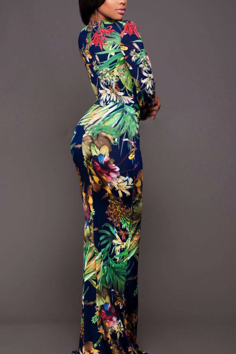Jungle Plunge Tropical Print Deep-V Maxi Dress | Poundton