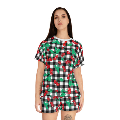 TGIF Sleepover PJs in Black & White Gingham Cherry Girl Tee & Pajama Shorts-Set | Pinup Couture Relaxed