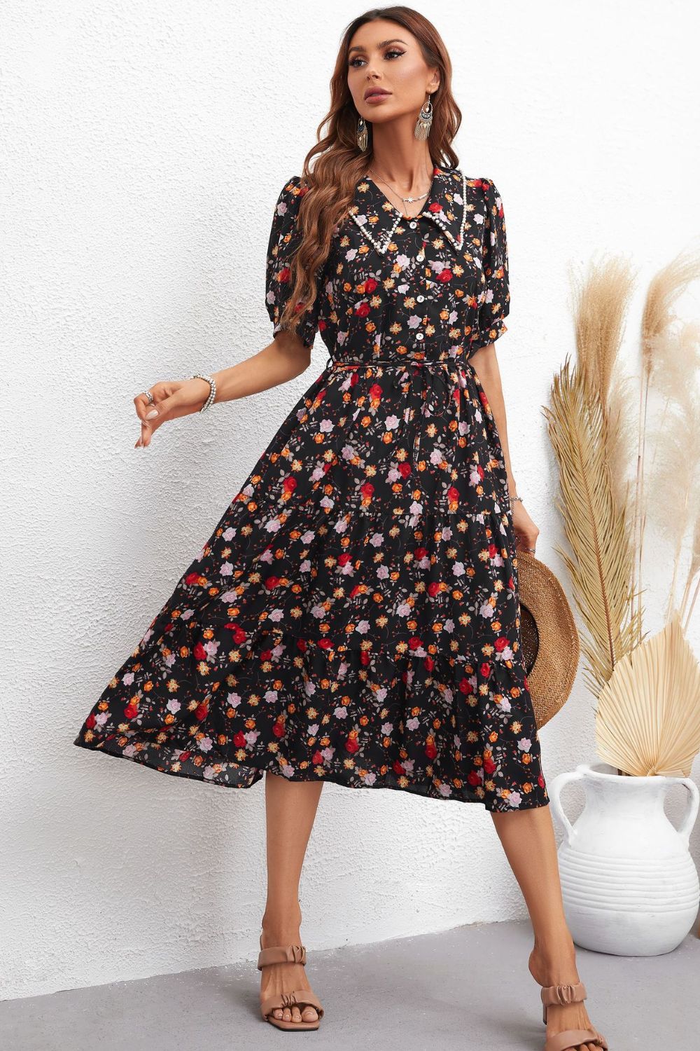 Hansel Floral Collared Neck Dress with  Puff Sleeve