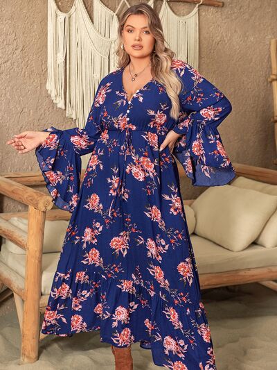 Jasmine 60's Plus Size Floral Half Button Flare Sleeve Dress | 2 Colors