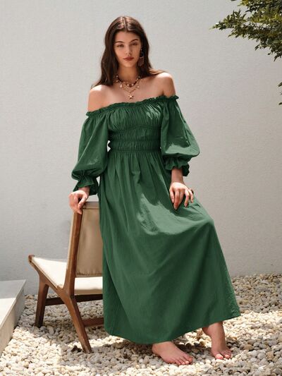 Agatha Smocked Off-Shoulder Flounce Sleeve Dress in Deep Green | Poundton