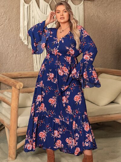 Jasmine 60's Plus Size Floral Half Button Flare Sleeve Dress | 2 Colors