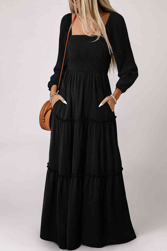 Gothic Glamour - Davinia Square Neck Long Sleeve Tiered Maxi Dress in Deep Black | Poundton