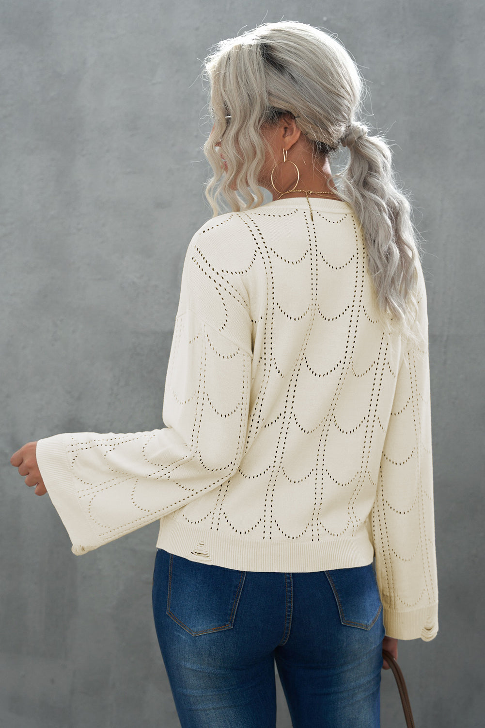 Lattice Work Pullover Sweater Top in Ivory and Caramel