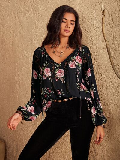 Eloise Flower Printed Tie Neck Long Sleeve Blouse in Attractive Black