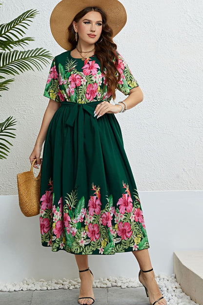 Jane Floral Round Neck Dress in Emerald Green