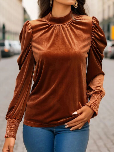 Ava Tied Mock Neck Puff Sleeve Blouse in Ochre