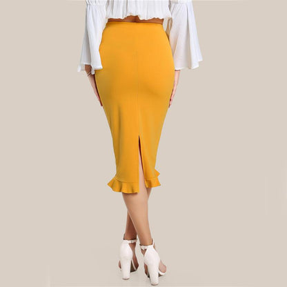 Ruffle Hem Midi Pencil Skirt in Mustard Yellow