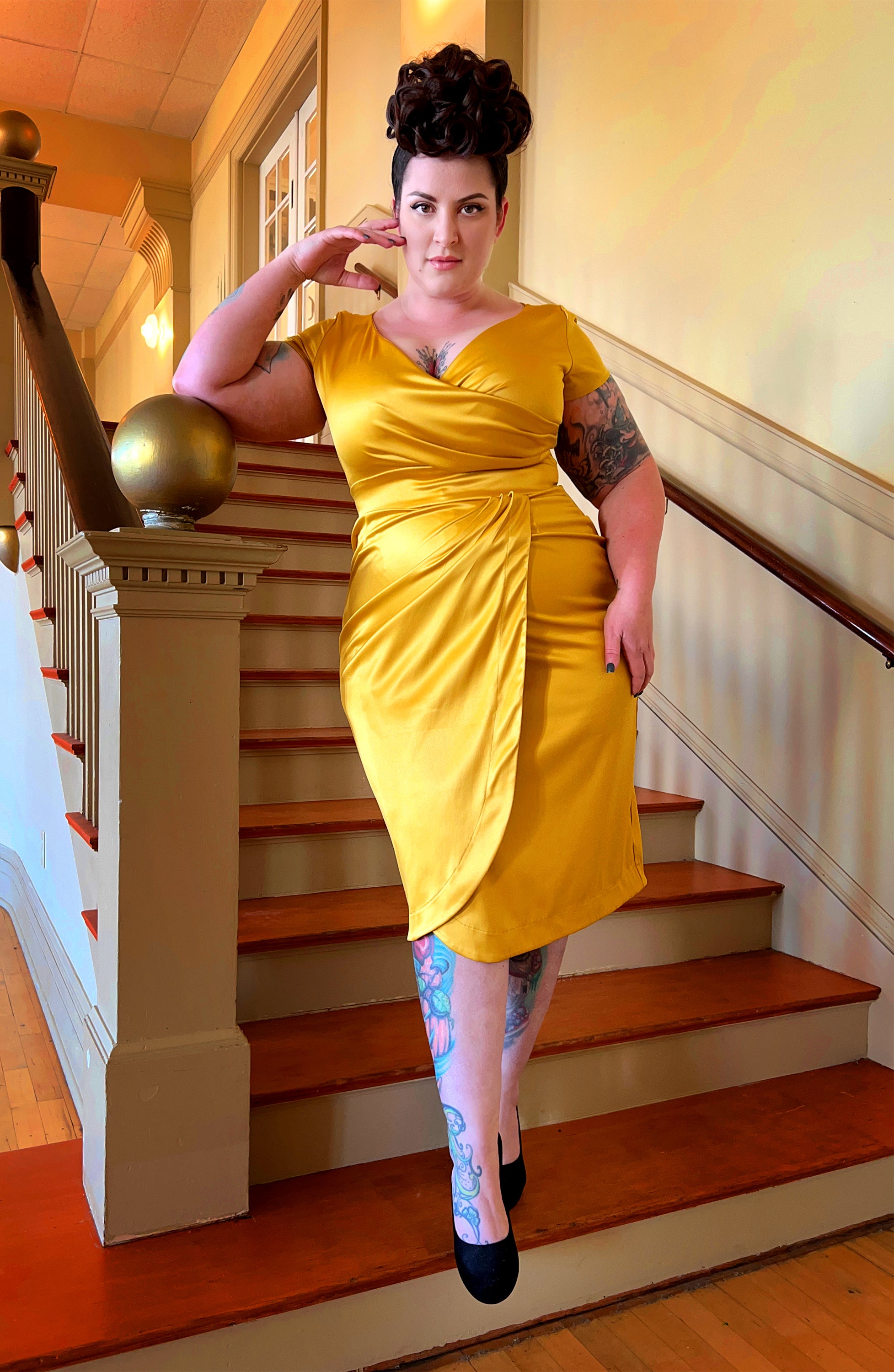 Ava Faux Wrap Wiggle Dress in Golden Mustard Satin | Pinup Couture