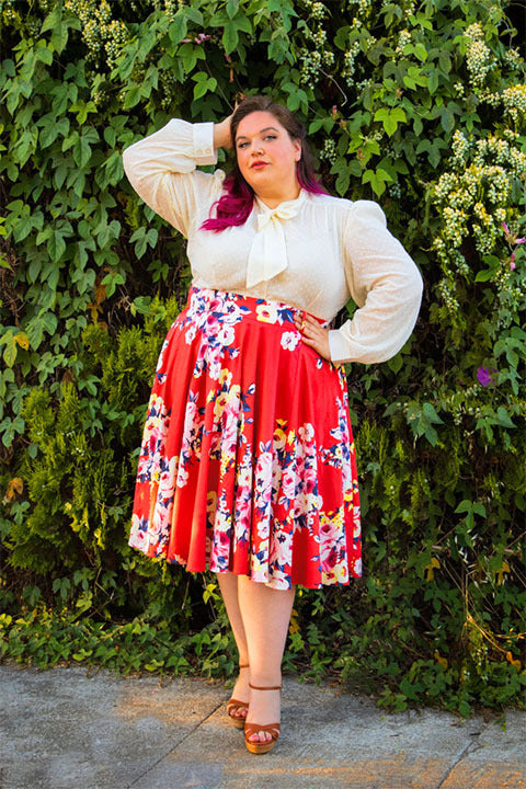 Final Sale  - Doris Vintage Swing Skirt in Coral Floral Cotton Sateen | Pinup Couture