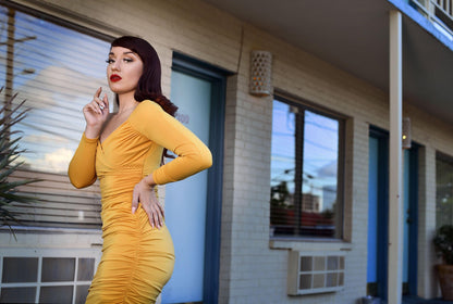 Laura Byrnes California Monica Wiggle Dress in Mustard - pinupgirlclothing.com