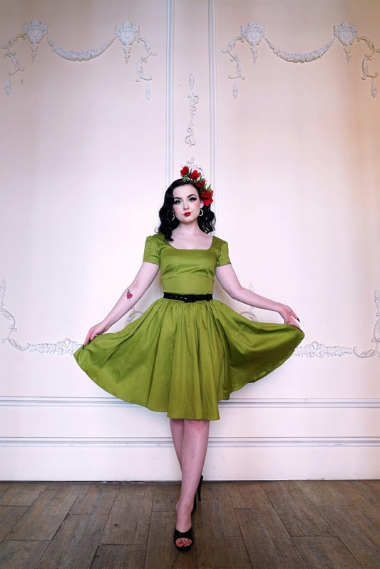 Lara Dress in Olive Cotton Sateen  | Laura Byrnes Design - pinupgirlclothing.com
