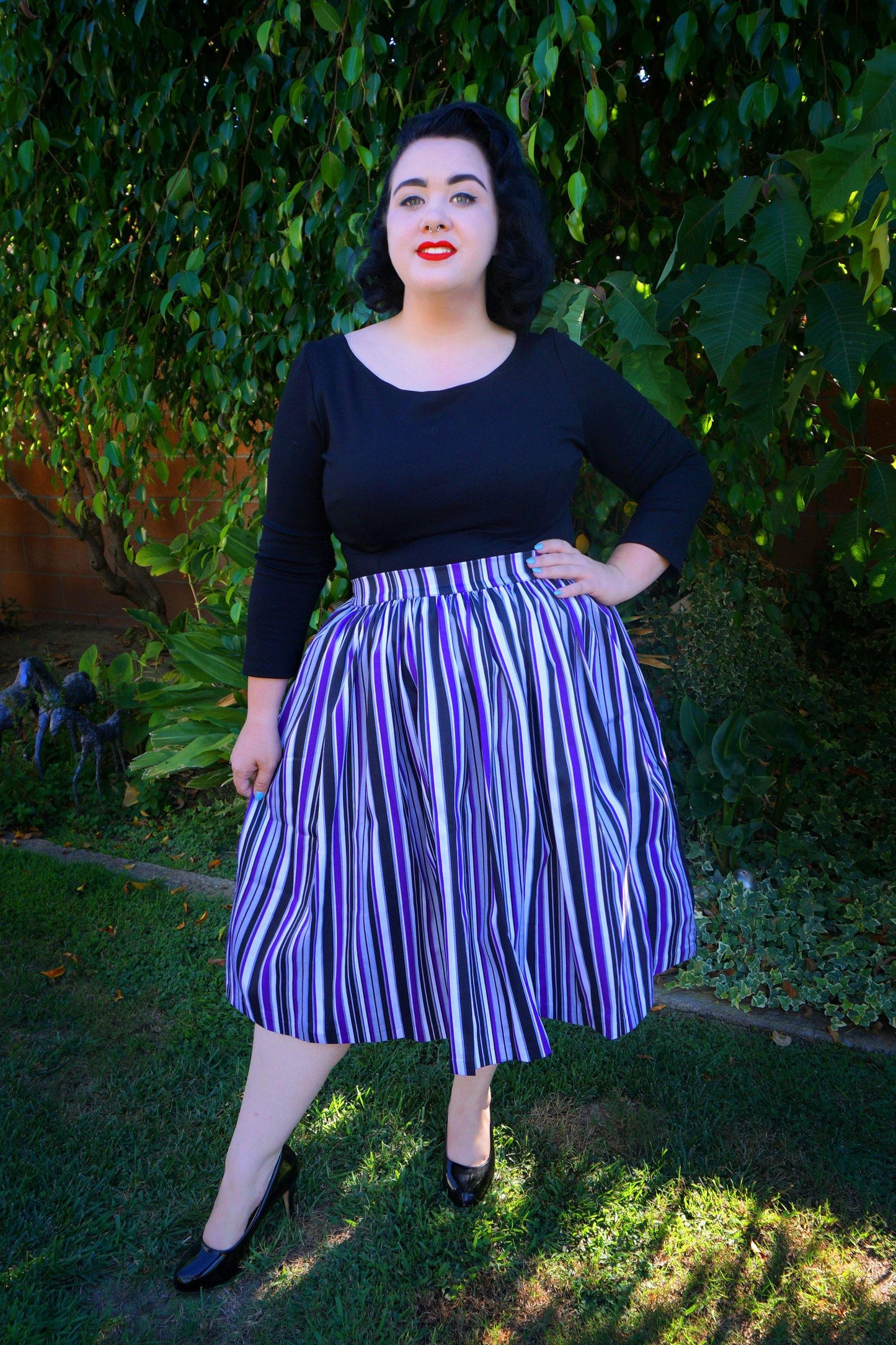 Bella Vintage Gathered Swing Skirt in Solstice Stripe Cotton Sateen | Pinup Couture - pinupgirlclothing.com