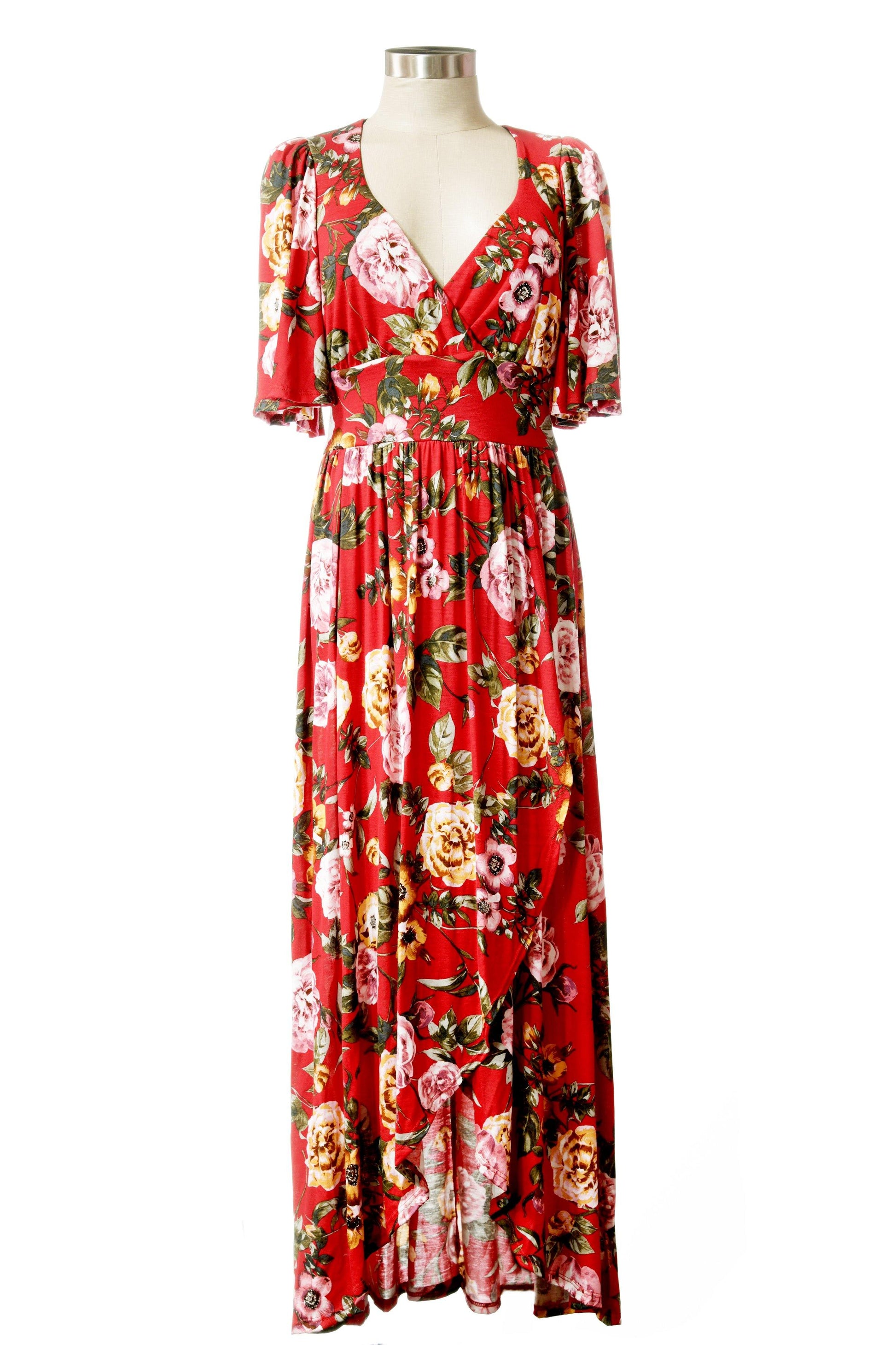 Final Sale - Katy 70s Maxi Dress in Red Floral Cotton Jersey Knit | Pinup Couture - pinupgirlclothing.com