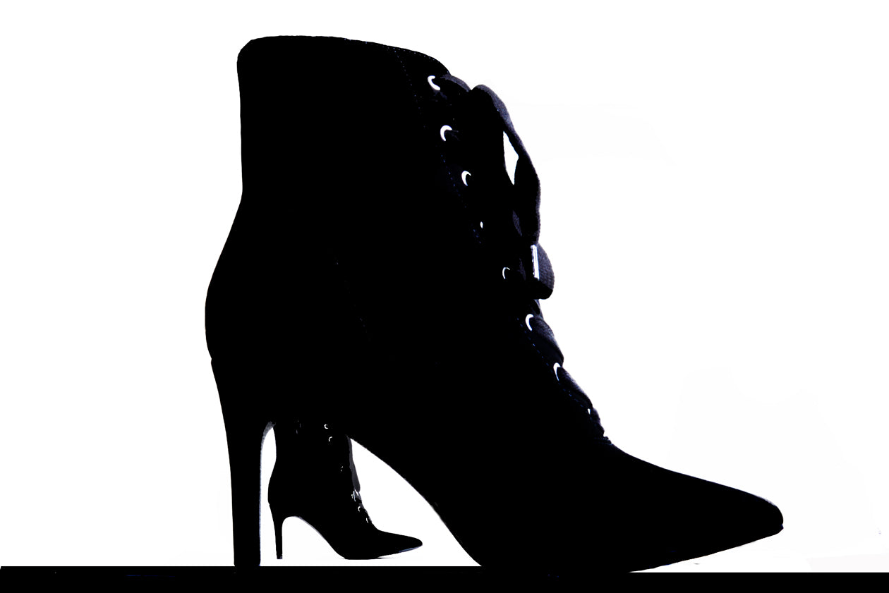 OYS - Final Sale - Scorpio Stiletto Lace Up Hiker Bootie Heels in Midnight Black Faux Suede