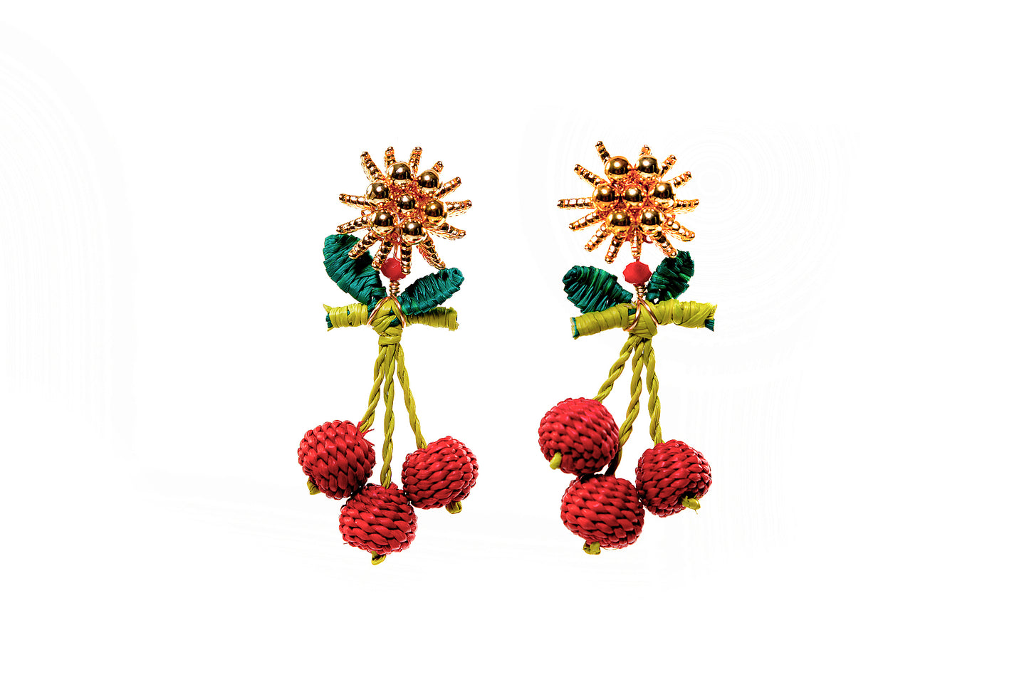 Hand Made Cherry Raffia & Beaded Dangle Earrings | Evelyn Ariza