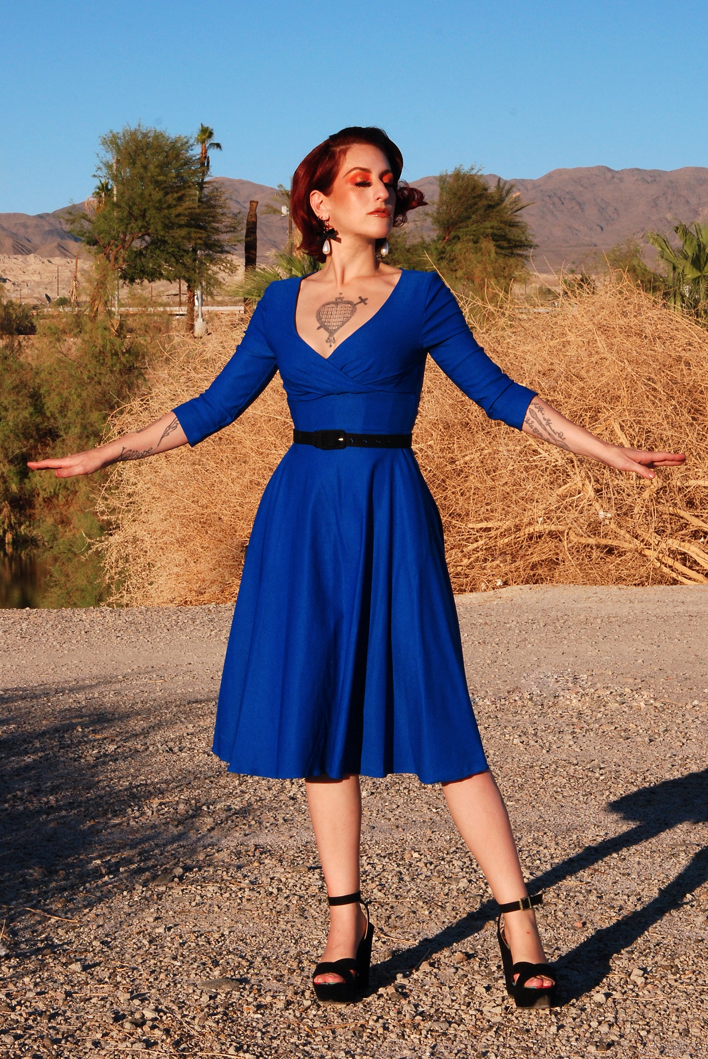 OYS - XS - S - 4X - Erin Vintage Style Swing Dress in Bright Blue Bengaline | Pinup Couture