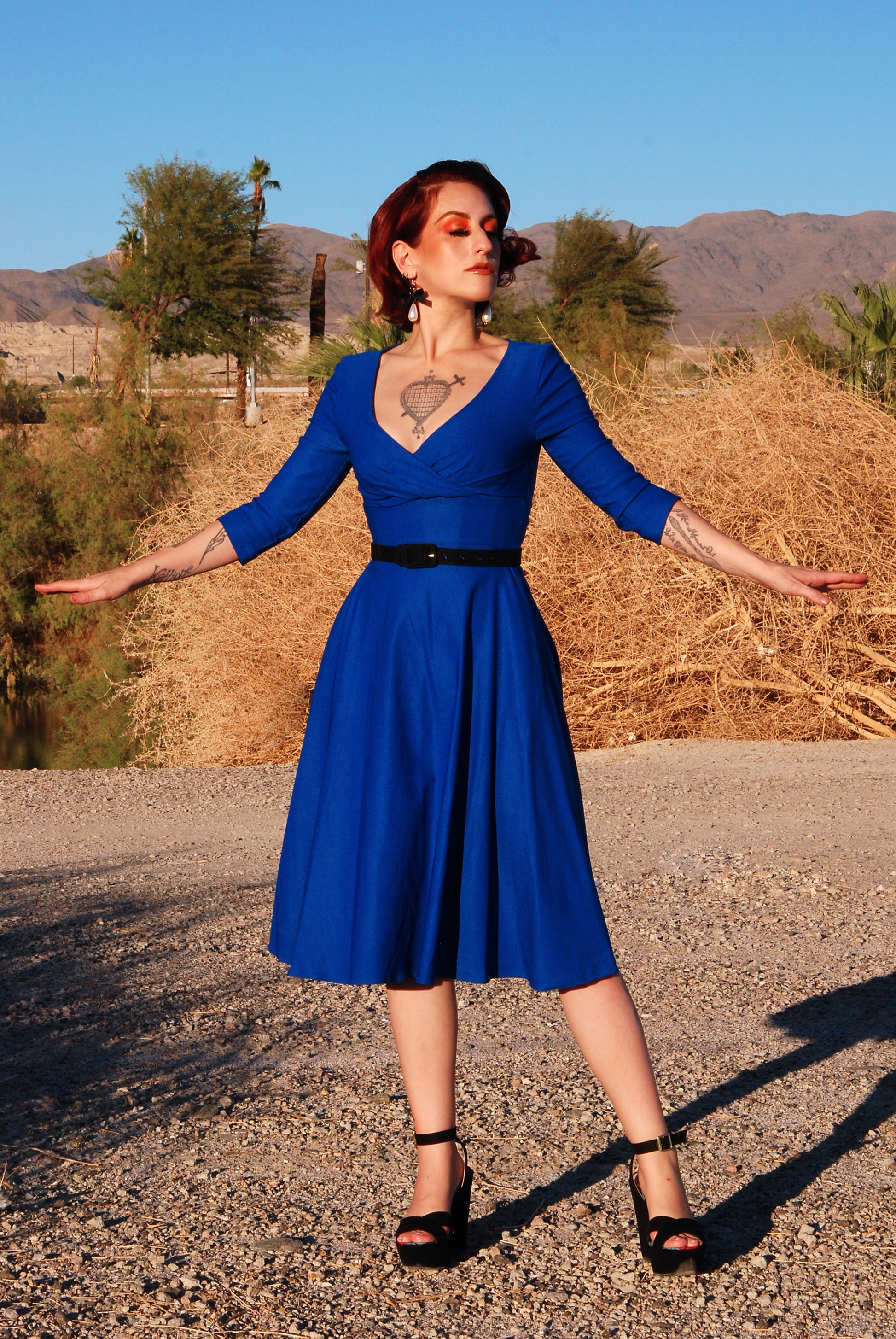 OYS - XS - S - 4X - Erin Vintage Style Swing Dress in Bright Blue Bengaline