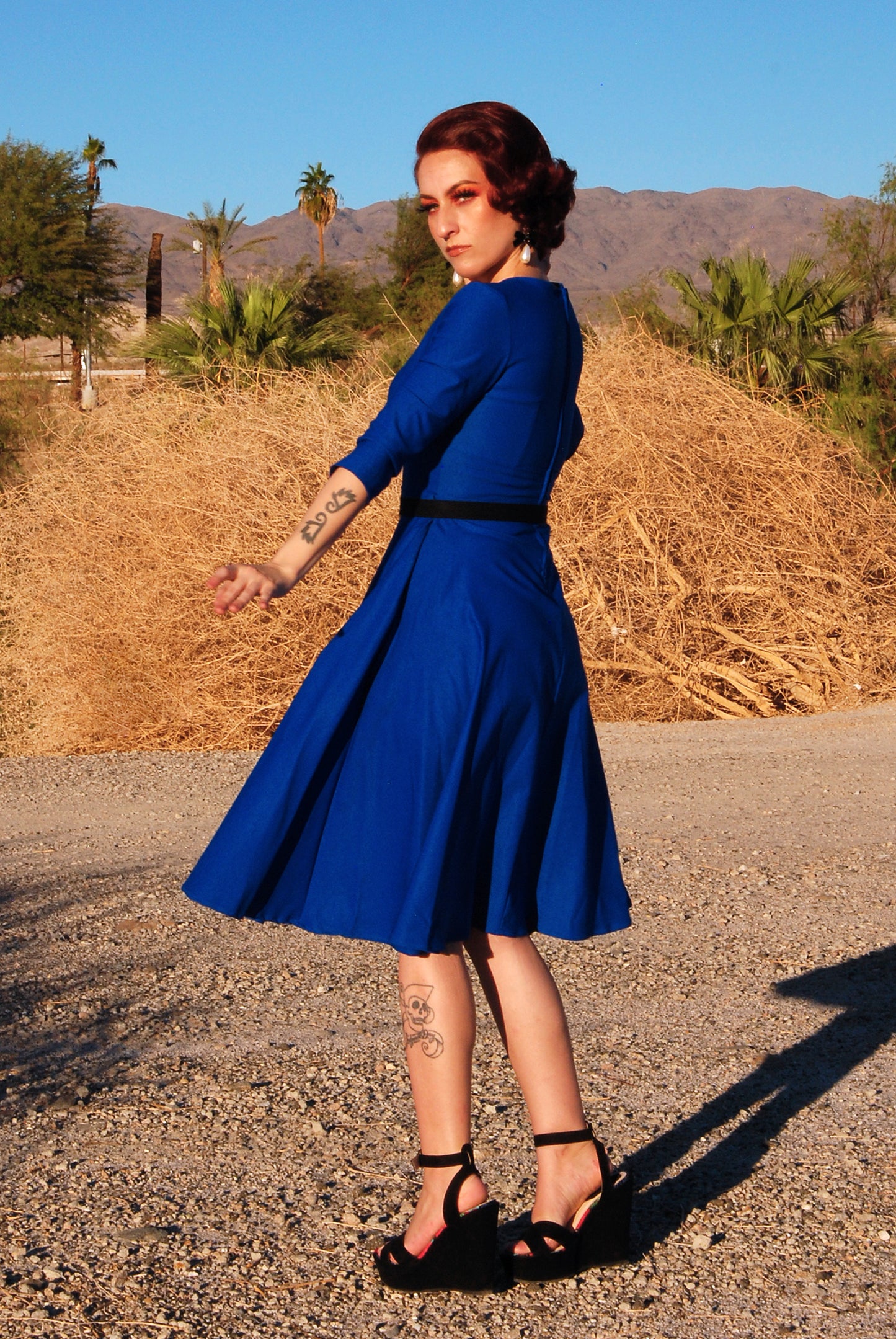 OYS - XS - S - 4X - Erin Vintage Style Swing Dress in Bright Blue Bengaline | Pinup Couture