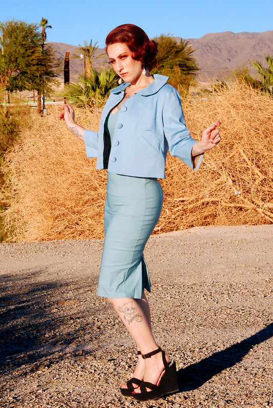 The Little Jun 60's Style Jacket in Sky Blue Cotton Twill | Laura Byrnes Design