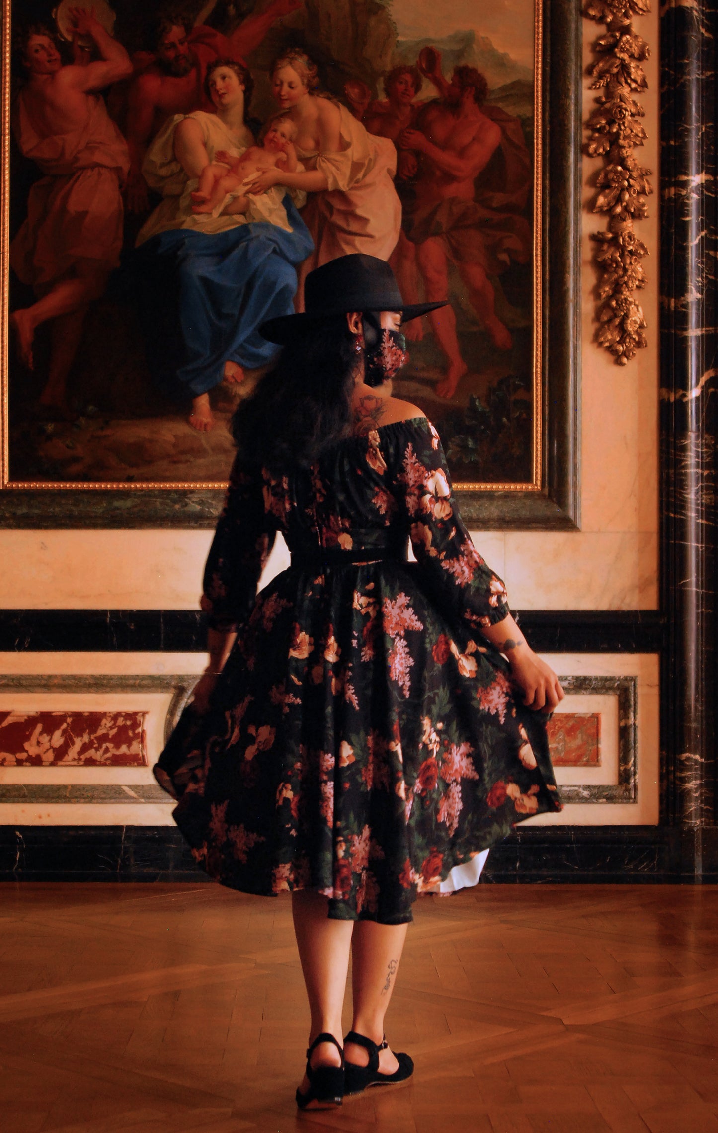 Marie-Thérèse Peasant Dress in Dark Bella Roses Crepe | Pinup Couture