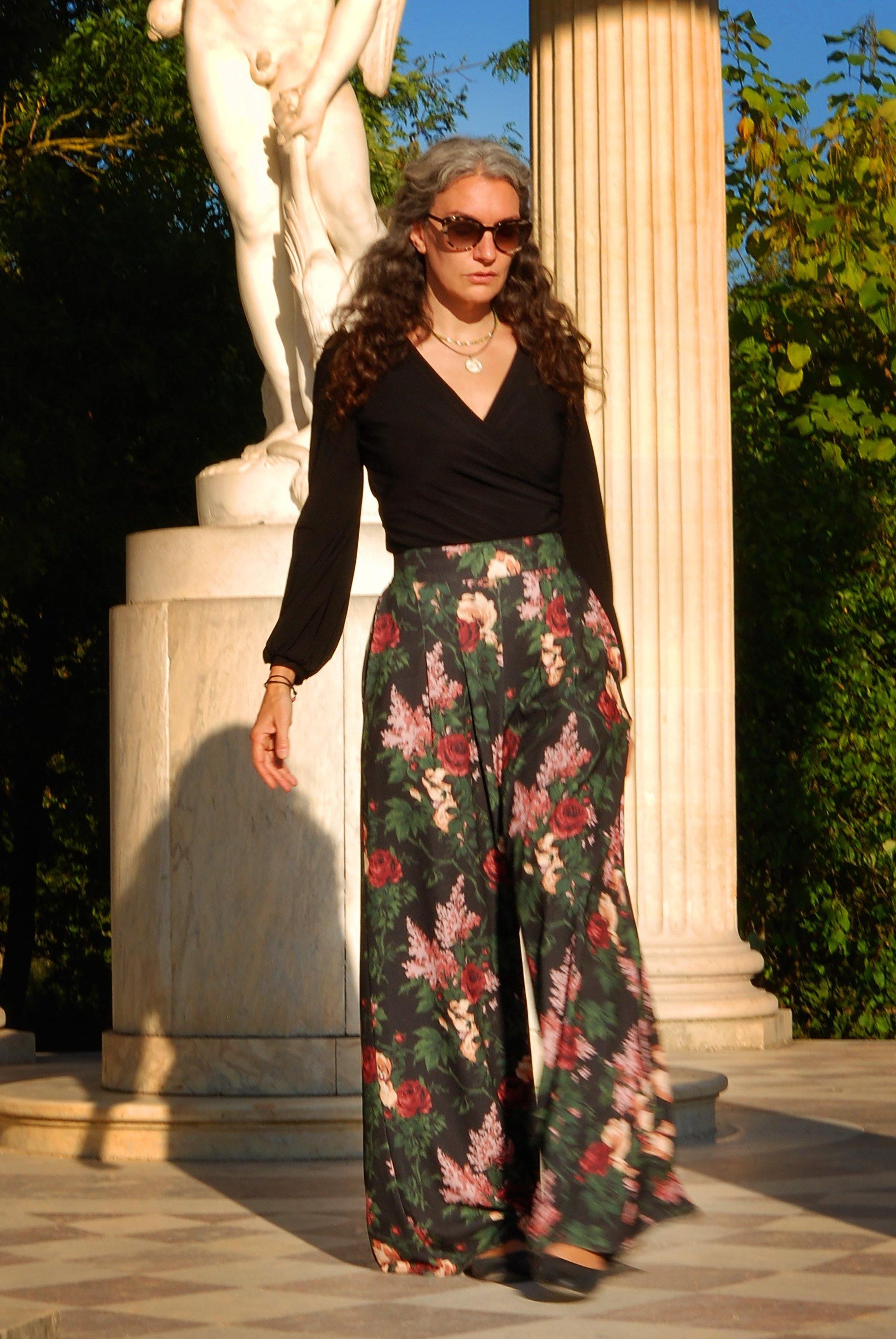 Dietrich Trousers in Dark Bella Roses Crepe 32" Inseam | Laura Byrnes Design - pinupgirlclothing.com